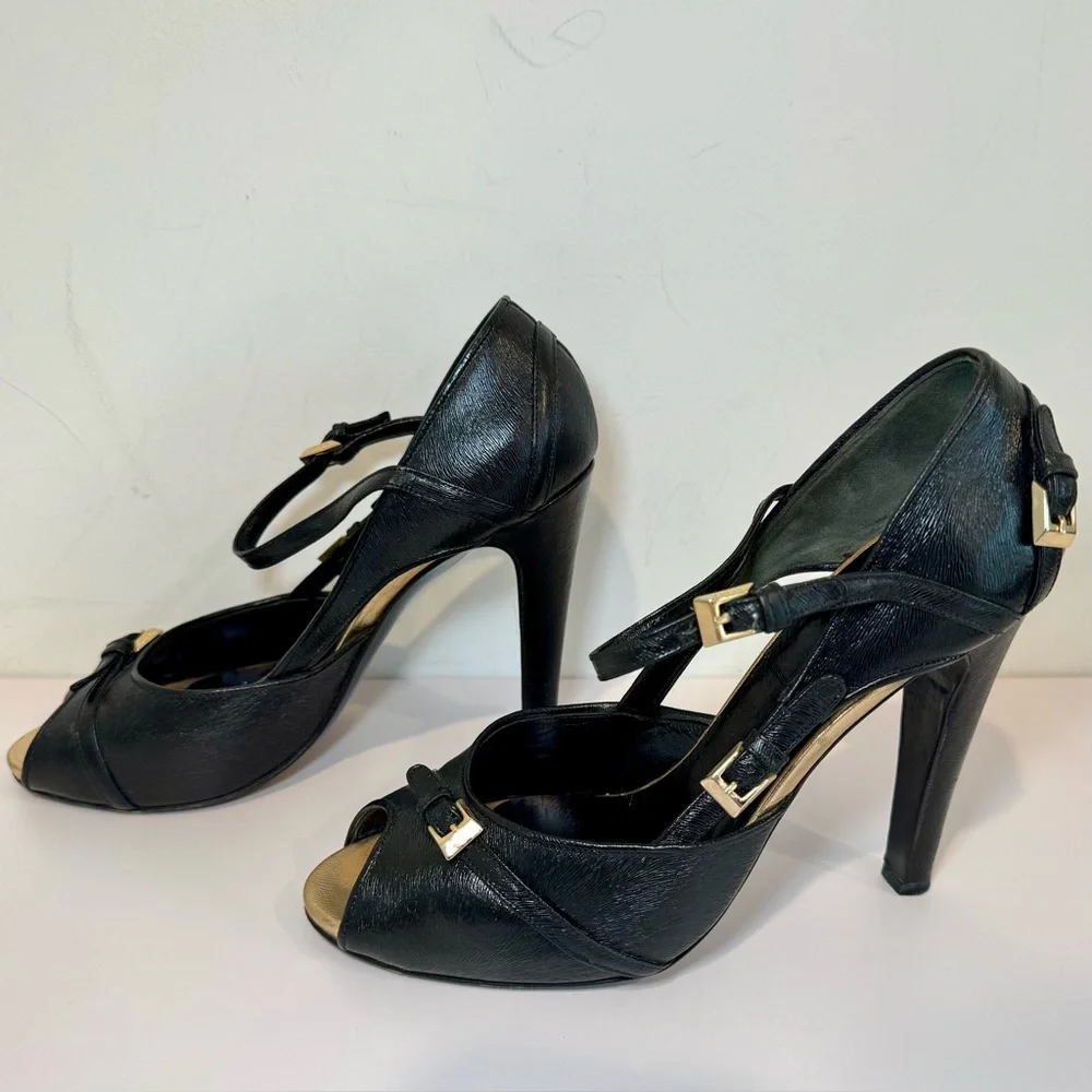 Fendi Black Leather Peep Toe D’Orsay Pumps W Gold Buckle Accents, Size 39